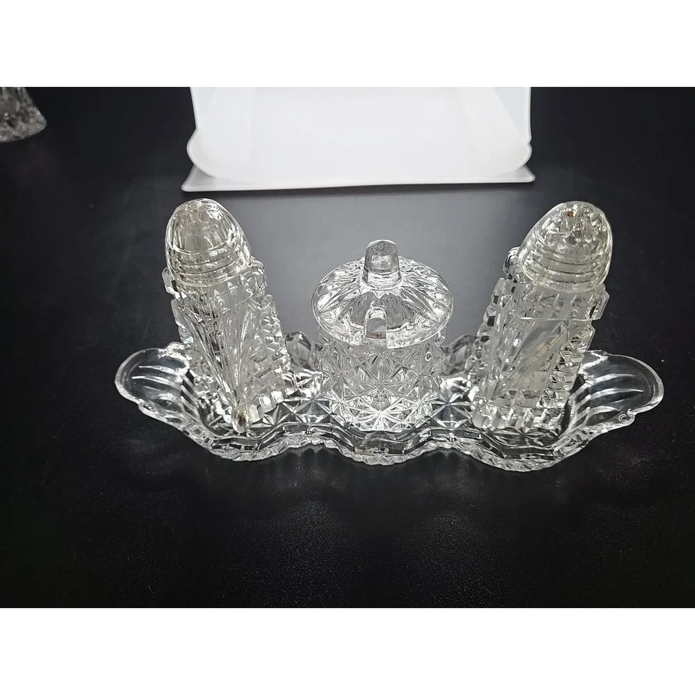 Vintage Crystal Glass Condiment Set Salt  Pepper Mustard Jam On Tray‎